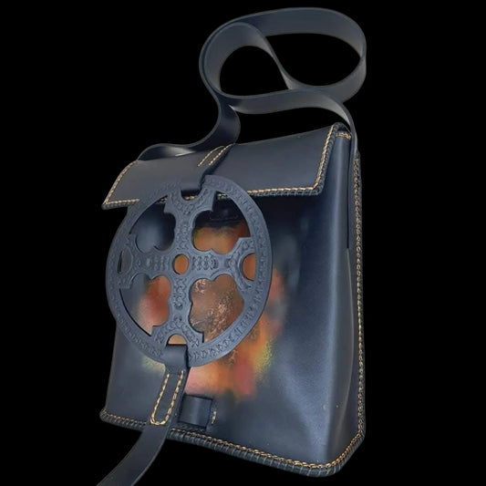 Handmade dark leather bag with a folk-style cross design - AG Design, Arad, Romania