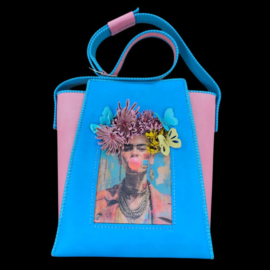 Handmade blue and pink leather shoulder bag with a Frida Kahlo photo transfer and sculpted 3D flowers and butterflies - AG Design, Arad, Romania