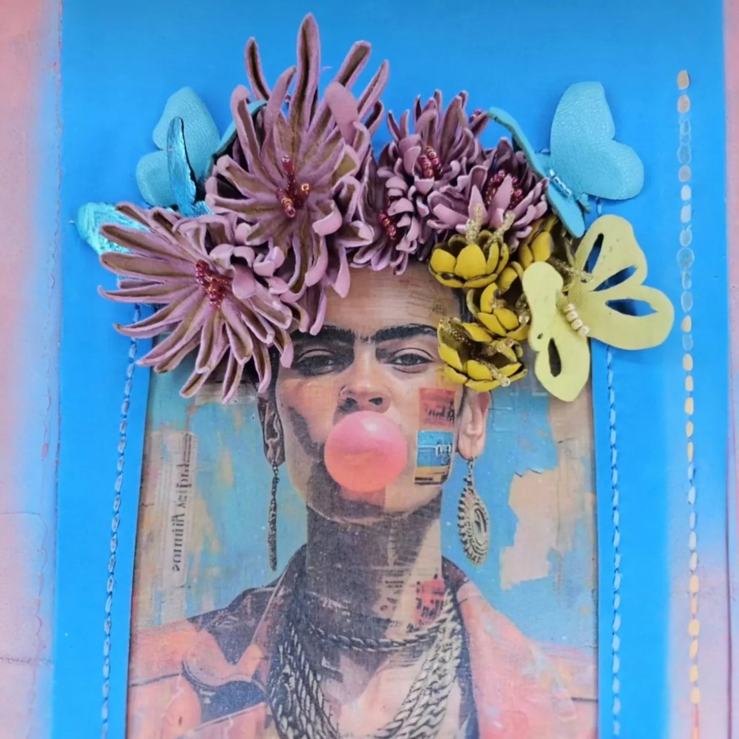 Handmade blue and pink leather shoulder bag with a Frida Kahlo photo transfer and sculpted 3D flowers and butterflies - AG Design, Arad, Romania