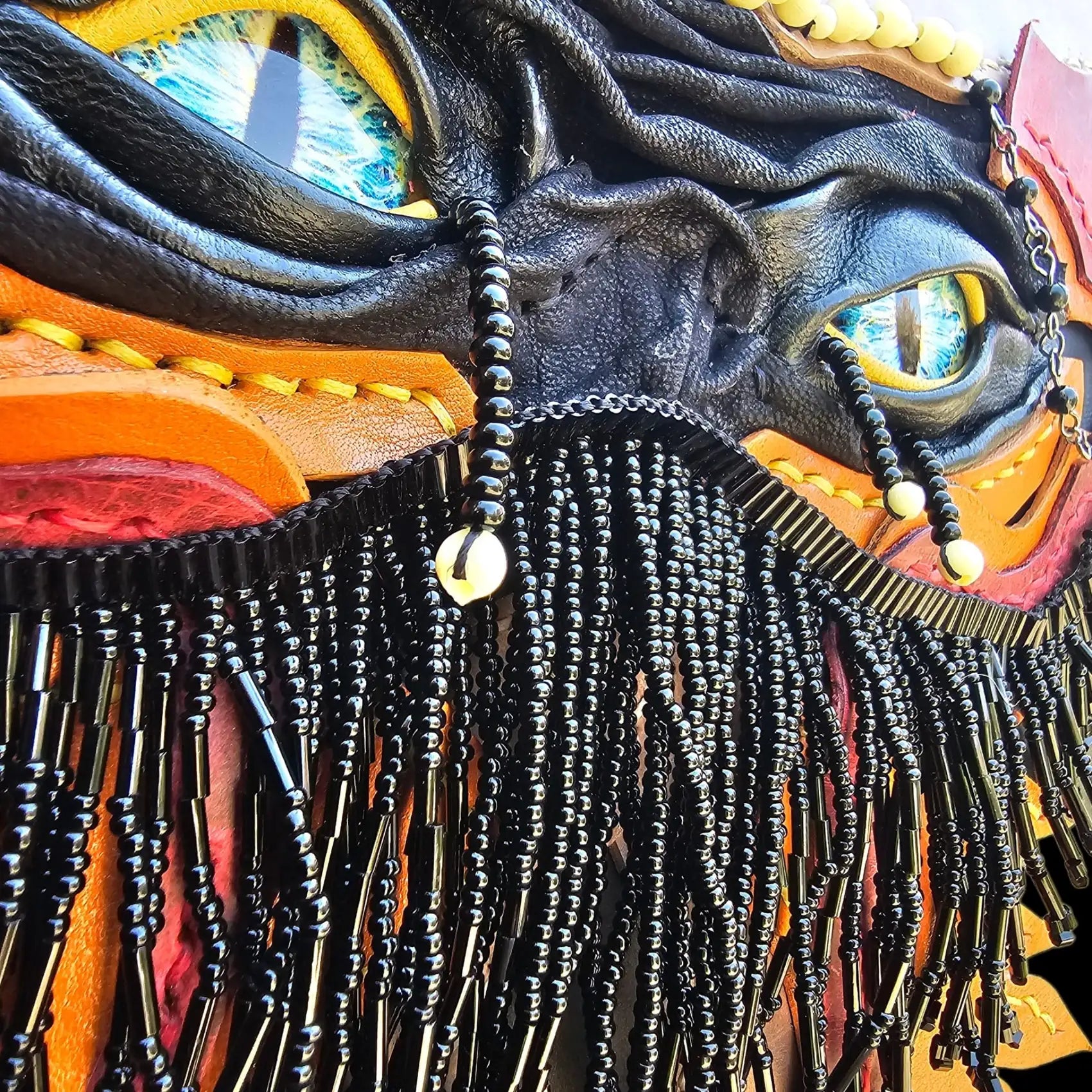 Handmade dark leather fringe bag with a colourful beaded strap - AG Design, Arad, Romania