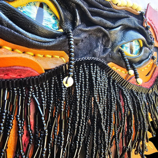 Handmade dark leather fringe bag with a colourful beaded strap - AG Design, Arad, Romania