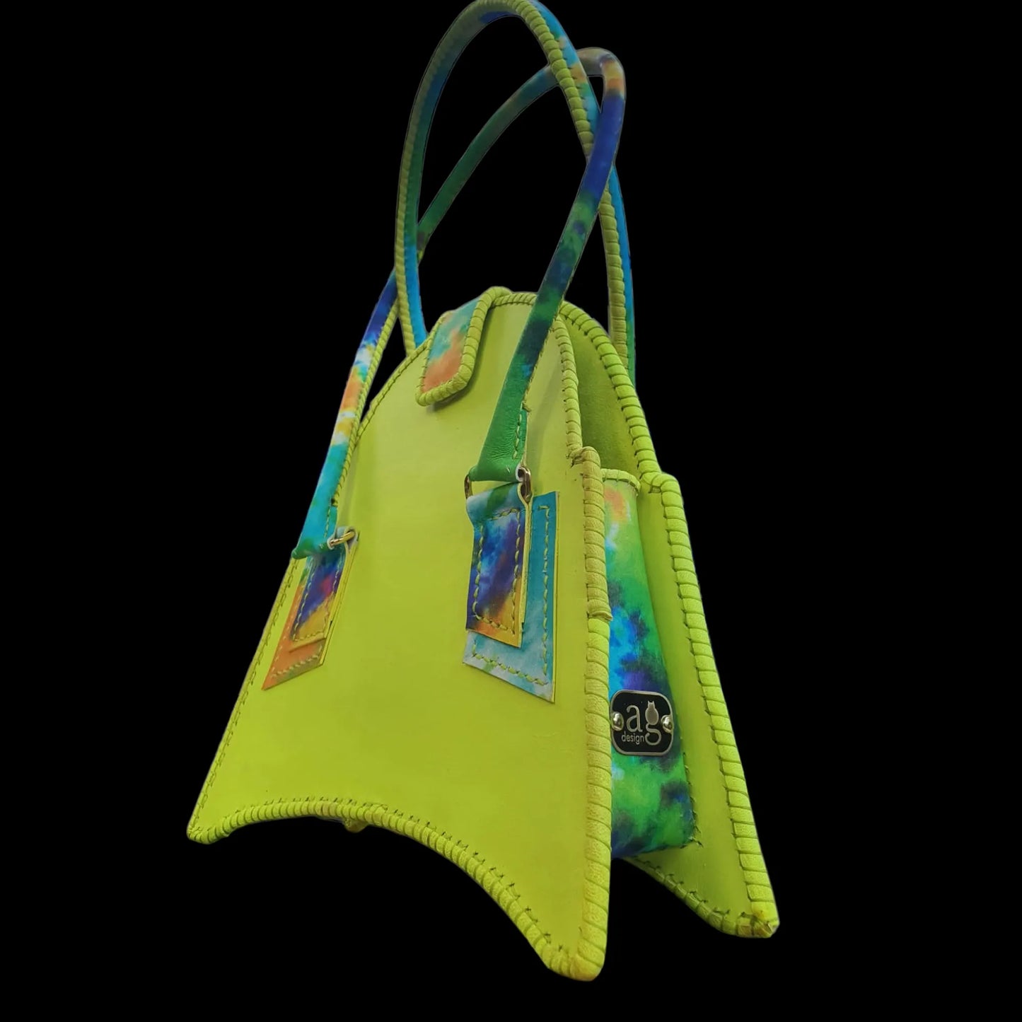 Handmade green and yellow leather bag with a painted figure and fringe - AG Design, Arad, Romania