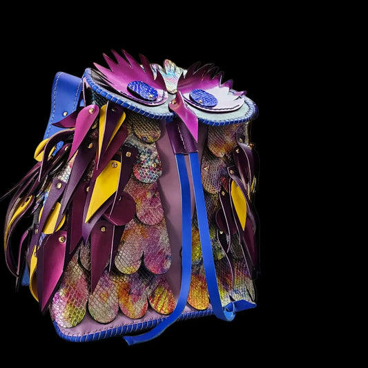 Handmade colourful leather bag with feathered fringe - AG Design, Arad, Romania