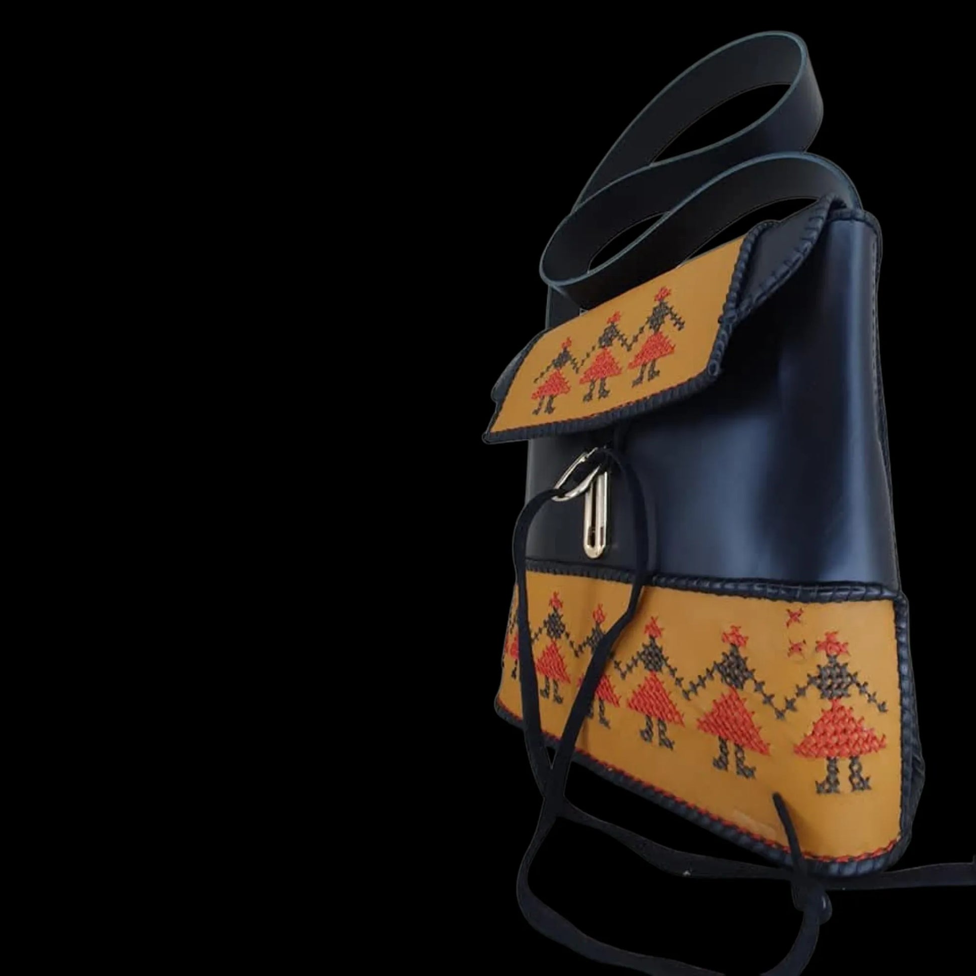 Handmade dark leather structured bag with painted figures and fringe - AG Design, Arad, Romania