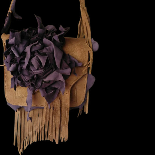 Handmade tan leather bag with purple sculpted flowers and fringe - AG Design, Arad, Romania