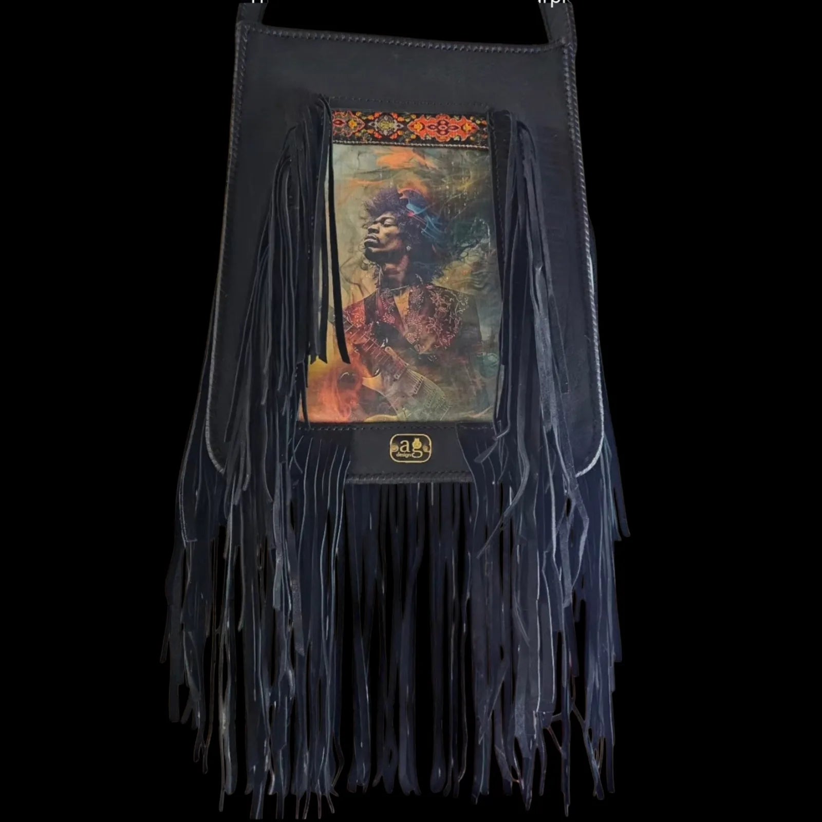 Handmade brown leather crossbody bag with a hypnotic photo transfer framed by long bohemian fringe and an embroidered strap - AG Design, Arad, Romania