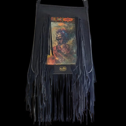 Handmade brown leather crossbody bag with a hypnotic photo transfer framed by long bohemian fringe and an embroidered strap - AG Design, Arad, Romania