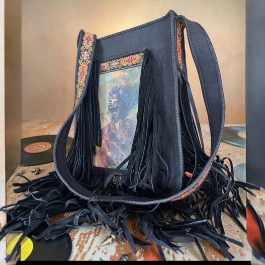 Handmade brown leather crossbody bag with a hypnotic photo transfer framed by long bohemian fringe and an embroidered strap - AG Design, Arad, Romania