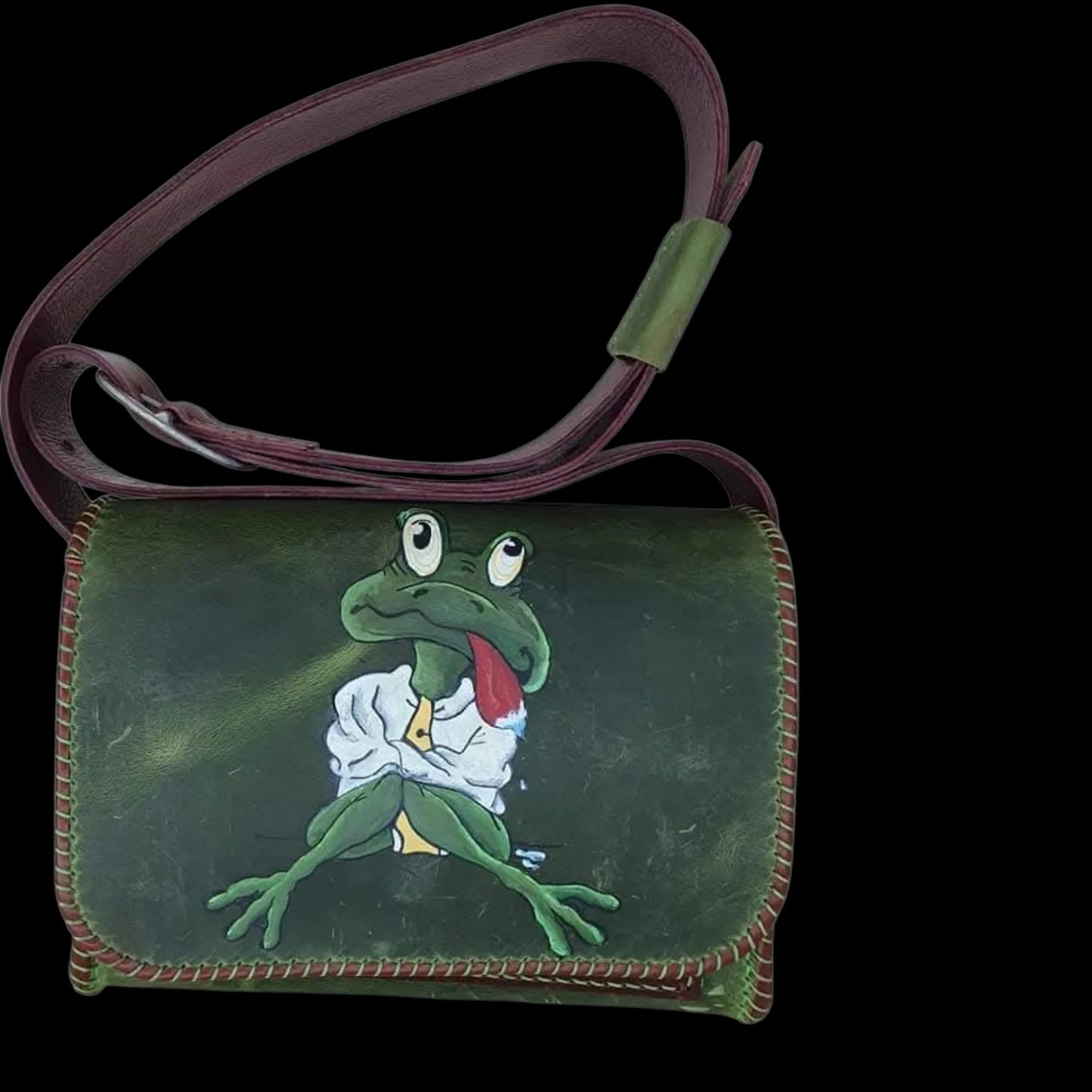 Handmade grey leather bag with a painted frog - AG Design, Arad, Romania