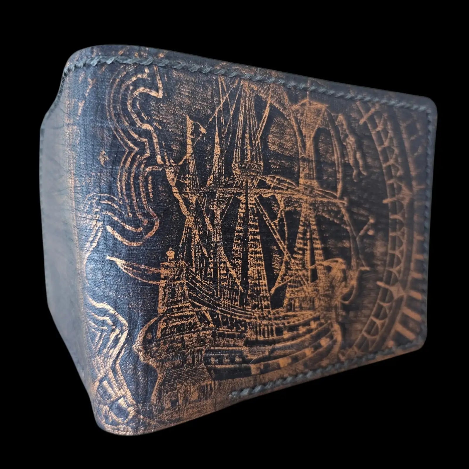 Handmade gray leather wallet with an embossed galleon and vintage compass in patinated copper - AG Design, Arad, Romania