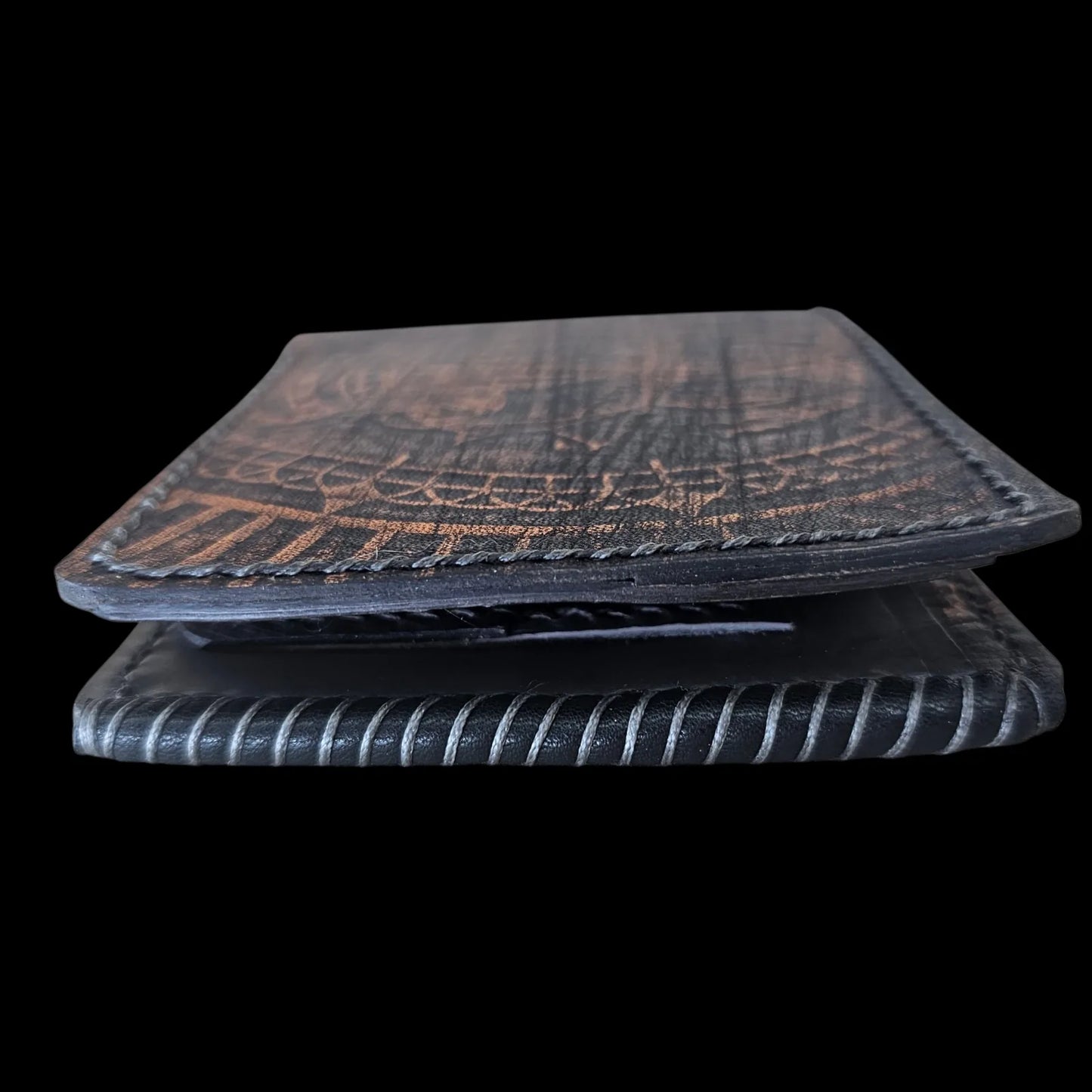 Handmade gray leather wallet with an embossed galleon and vintage compass in patinated copper - AG Design, Arad, Romania