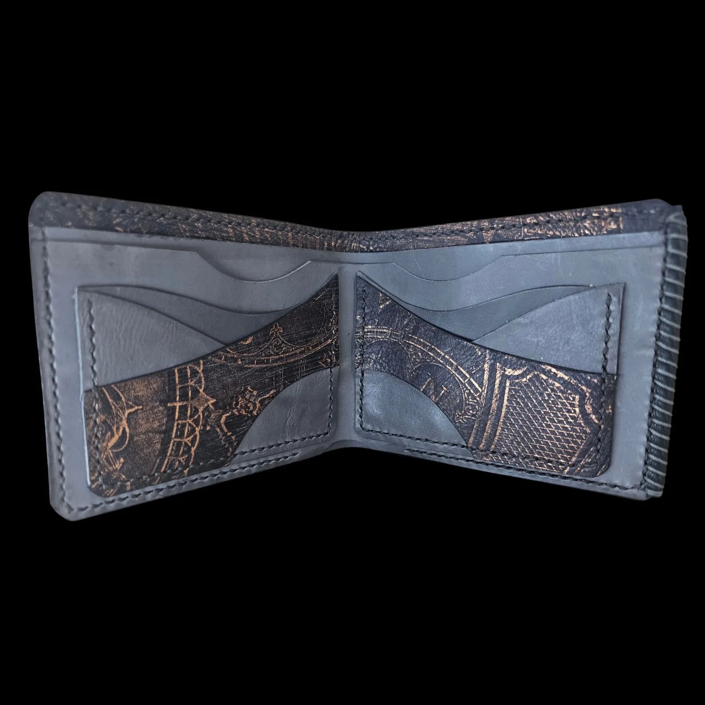 Handmade gray leather wallet with an embossed galleon and vintage compass in patinated copper - AG Design, Arad, Romania