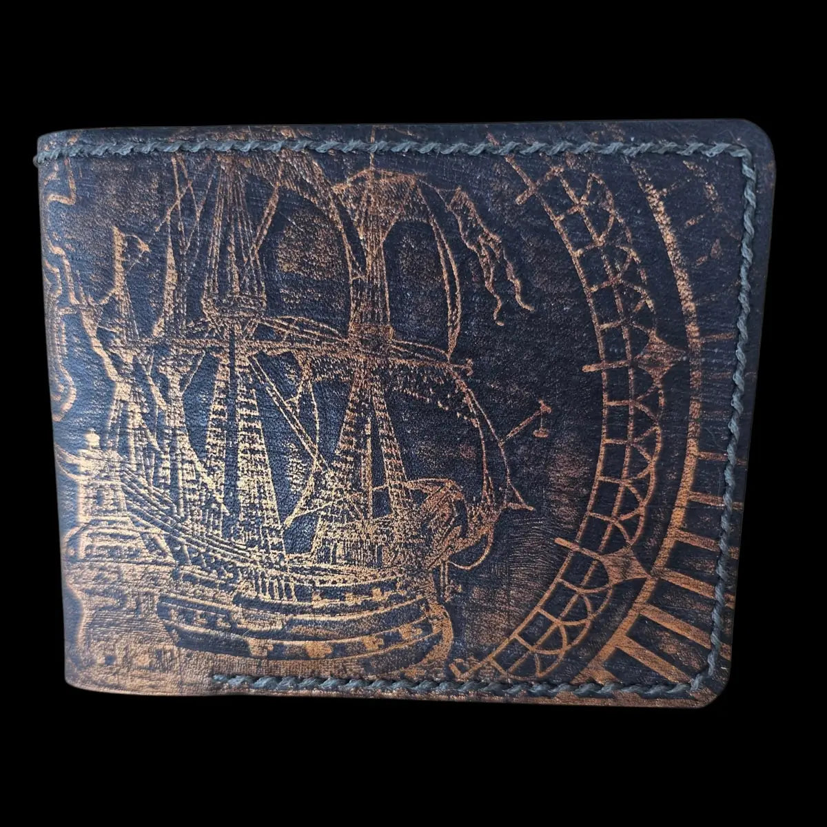 Handmade gray leather wallet with an embossed galleon and vintage compass in patinated copper - AG Design, Arad, Romania