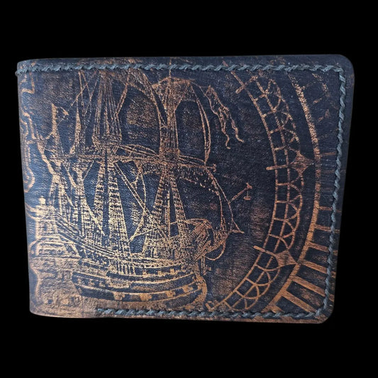 Handmade gray leather wallet with an embossed galleon and vintage compass in patinated copper - AG Design, Arad, Romania