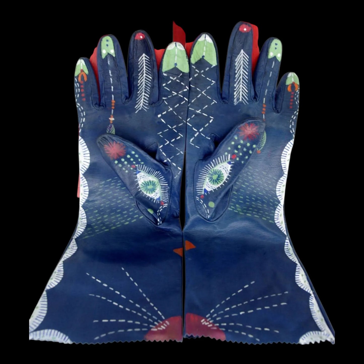 Handmade blue painted leather gloves with a cat-like design - AG Design, Arad, Romania