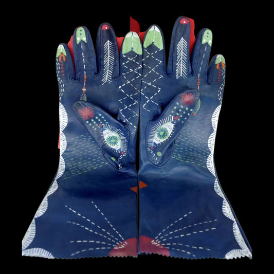 Handmade blue painted leather gloves with a cat-like design - AG Design, Arad, Romania