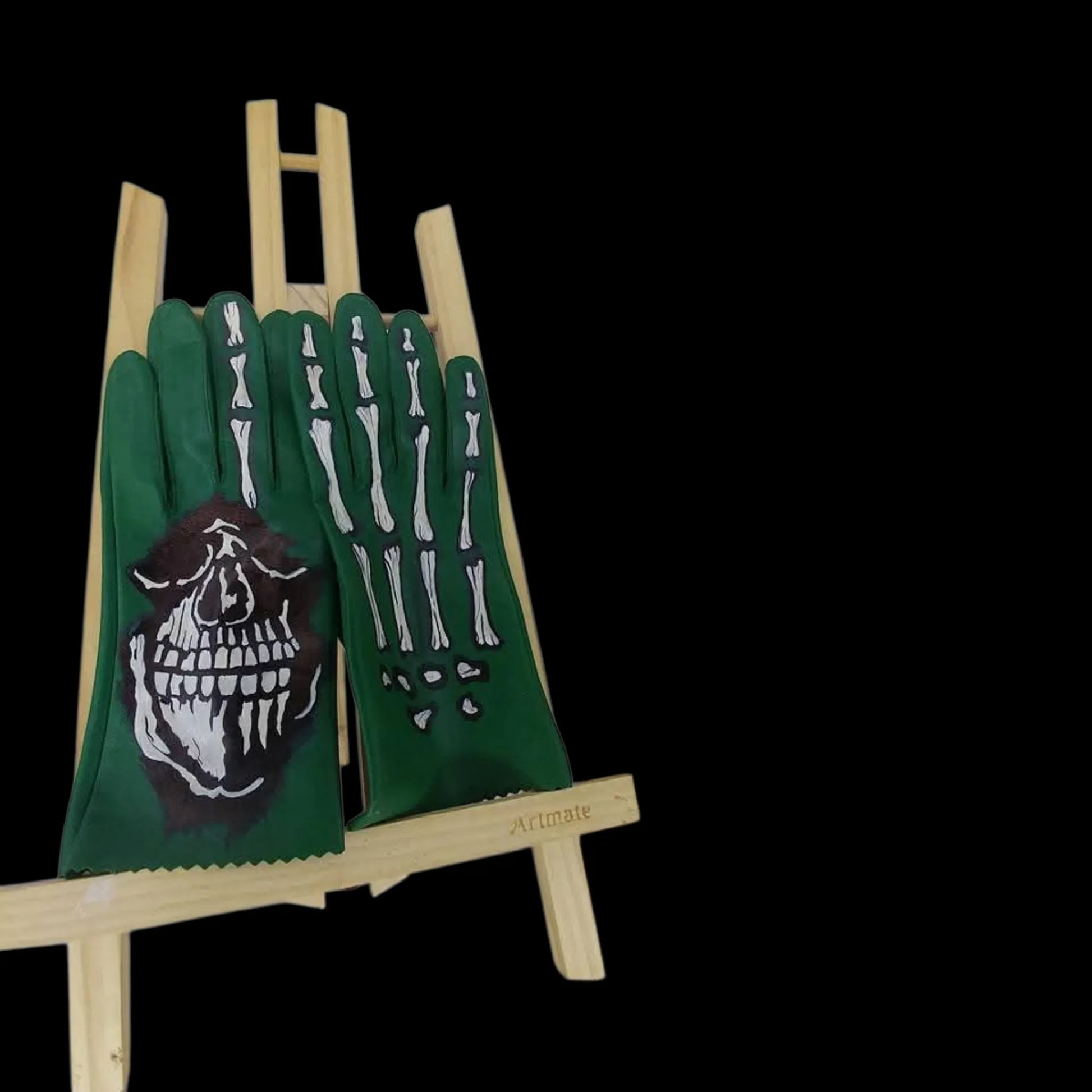 Handmade green leather gloves with painted bones - AG Design, Arad, Romania