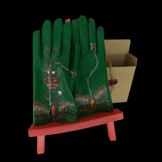 Handmade green painted leather gloves on a stand - AG Design, Arad, Romania