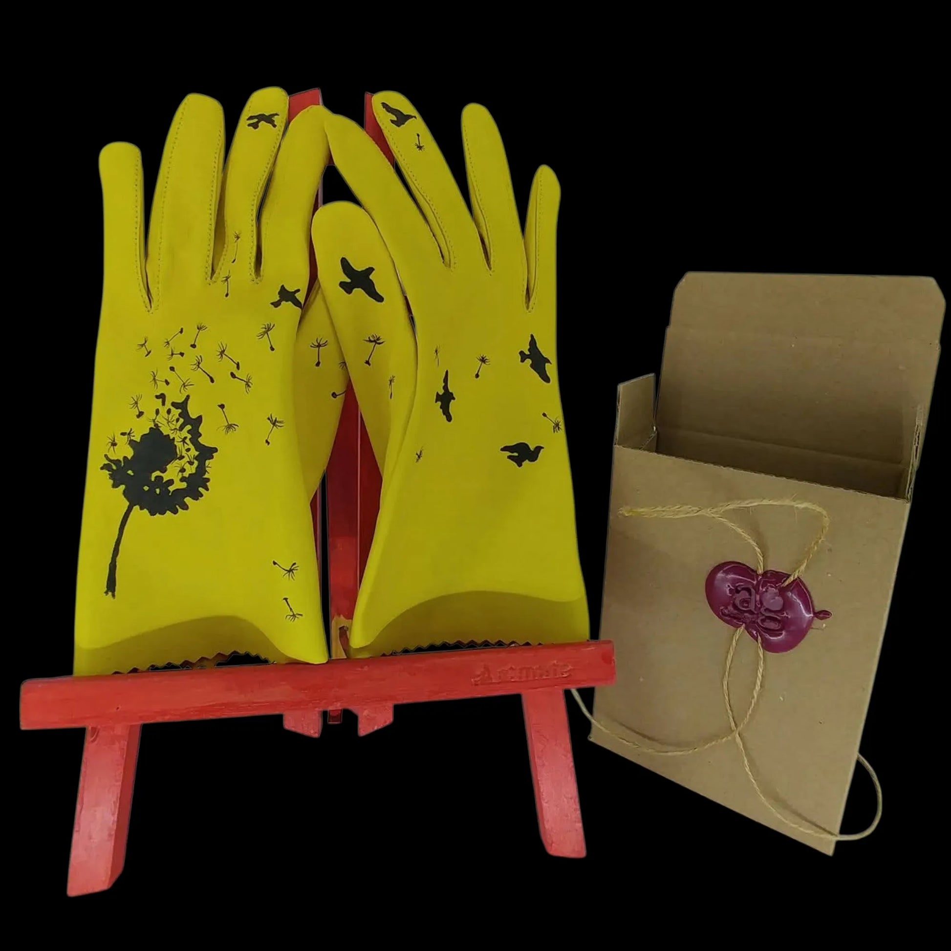 Handmade yellow painted leather gloves on a stand - AG Design, Arad, Romania