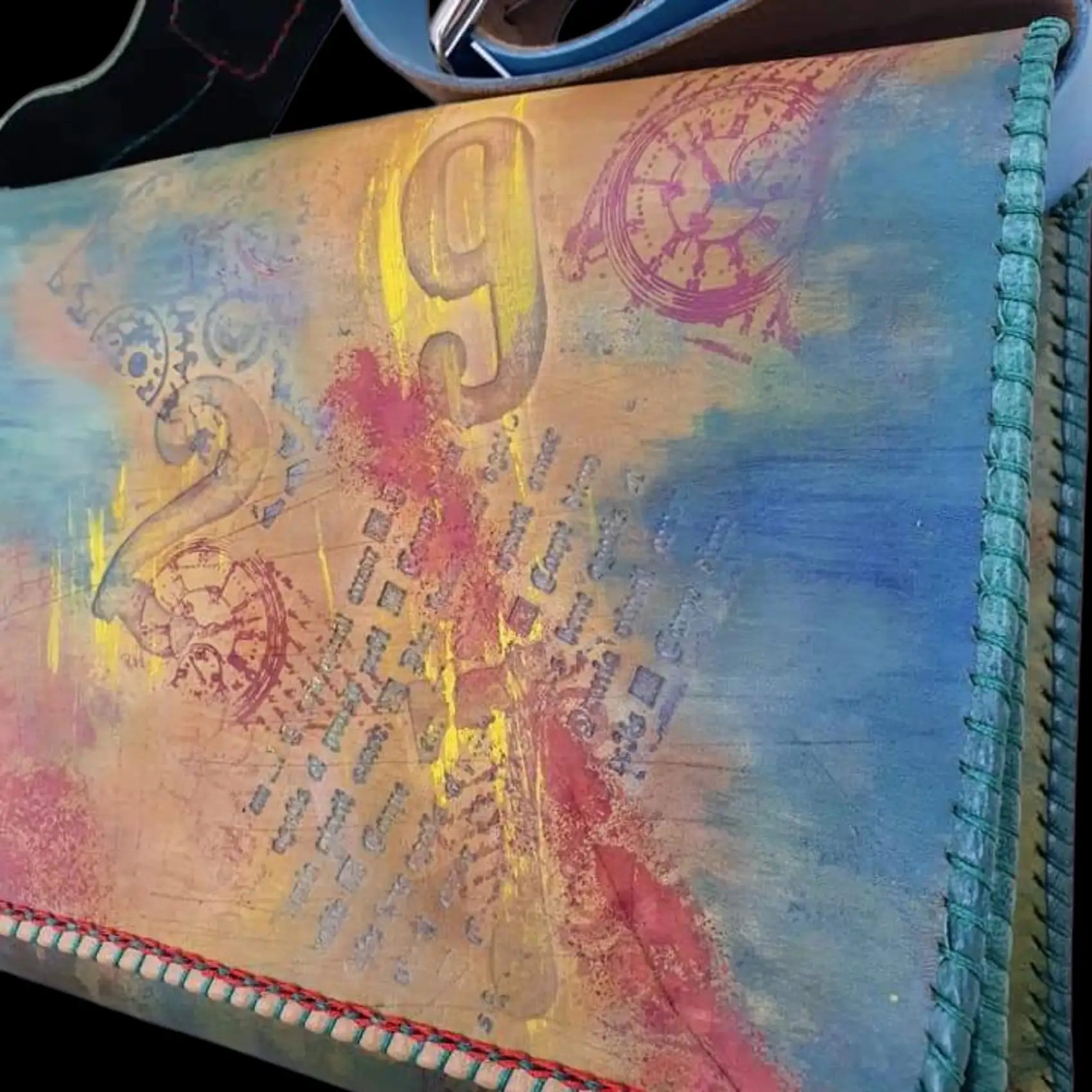 Handmade iridescent leather bag with a gold drawing - AG Design, Arad, Romania