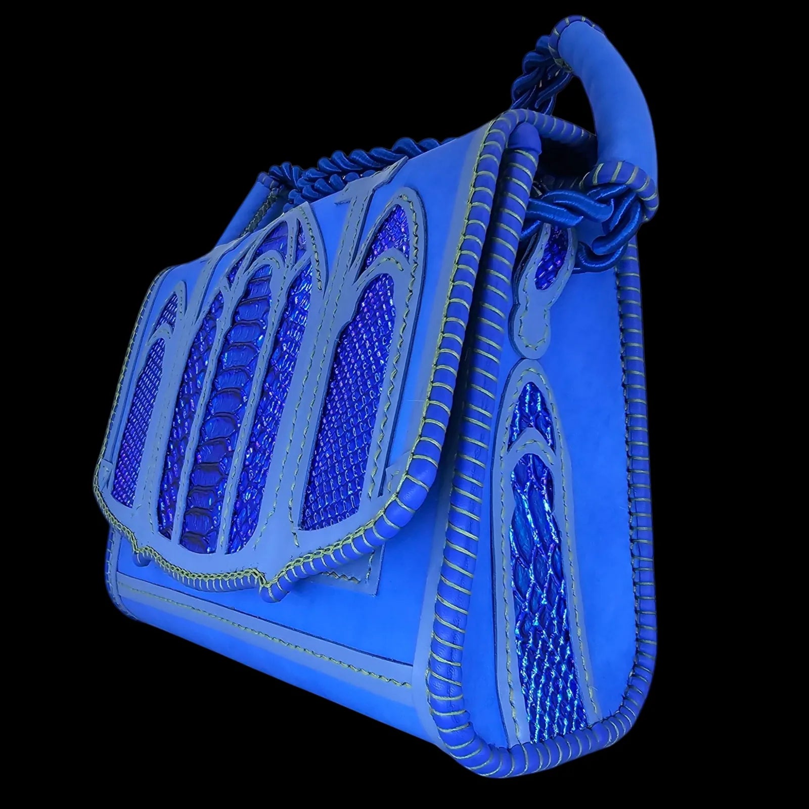 Handmade blue leather shoulder bag with hand-cut gothic arches and crosses over royal blue leather - AG Design, Arad, Romania