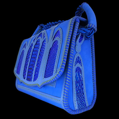 Handmade blue leather shoulder bag with hand-cut gothic arches and crosses over royal blue leather - AG Design, Arad, Romania