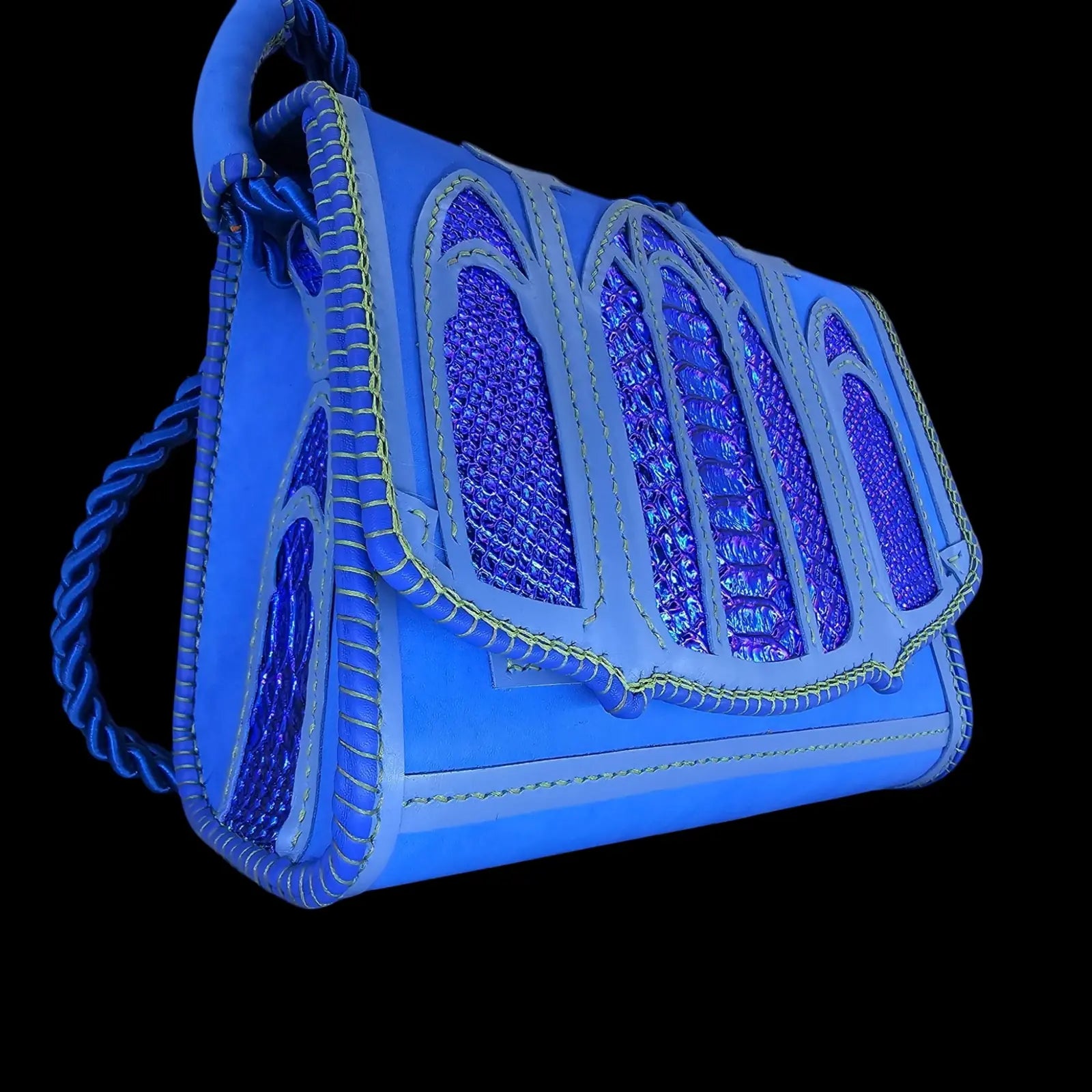 Handmade blue leather shoulder bag with hand-cut gothic arches and crosses over royal blue leather - AG Design, Arad, Romania