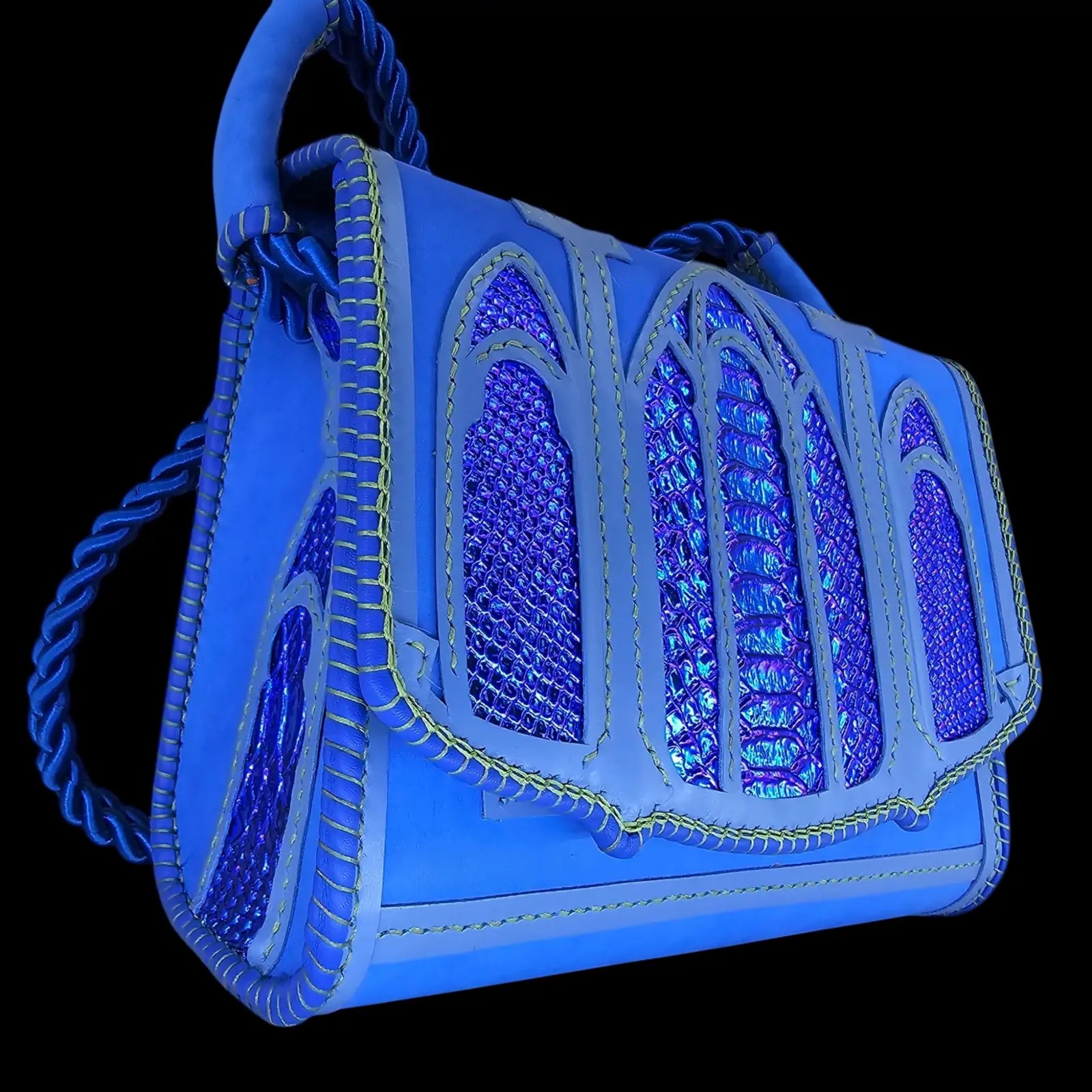 Handmade blue leather shoulder bag with hand-cut gothic arches and crosses over royal blue leather - AG Design, Arad, Romania