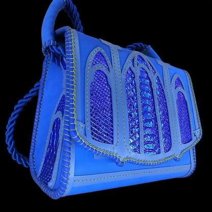 Handmade blue leather shoulder bag with hand-cut gothic arches and crosses over royal blue leather - AG Design, Arad, Romania