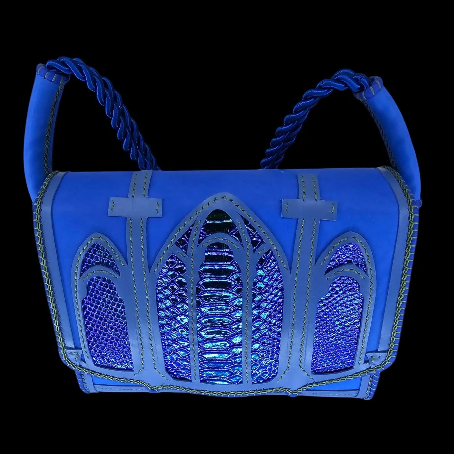 Handmade blue leather shoulder bag with hand-cut gothic arches and crosses over royal blue leather - AG Design, Arad, Romania