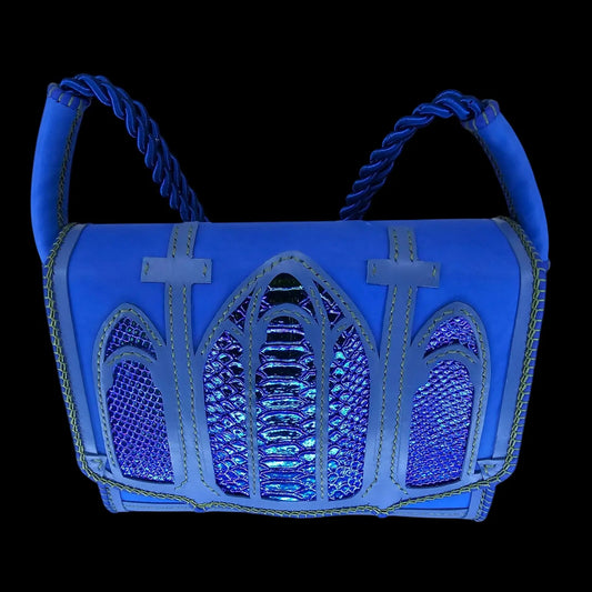 Handmade blue leather shoulder bag with hand-cut gothic arches and crosses over royal blue leather - AG Design, Arad, Romania