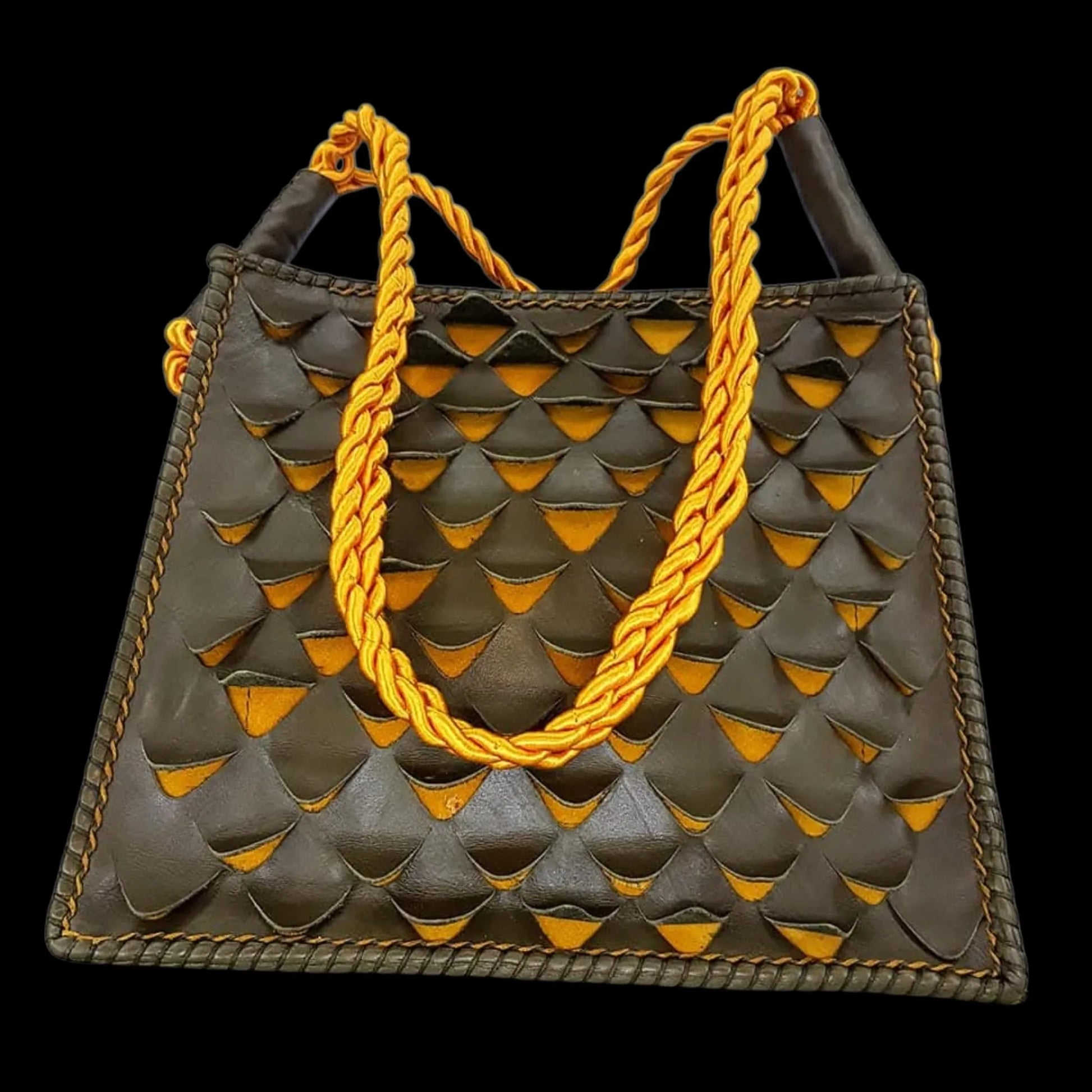 Handmade grey studded leather bag with a yellow cord - AG Design, Arad, Romania