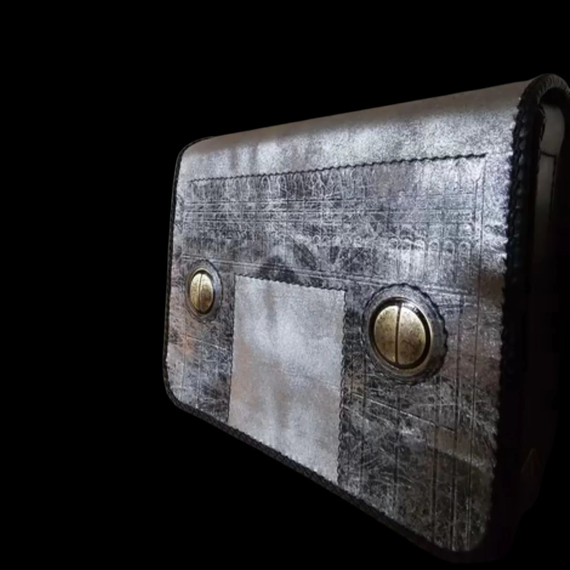 Handmade brown leather bag with Brâncuși's Gate of the Kiss transferred onto the leather in grey and black - AG Design, Arad, Romania