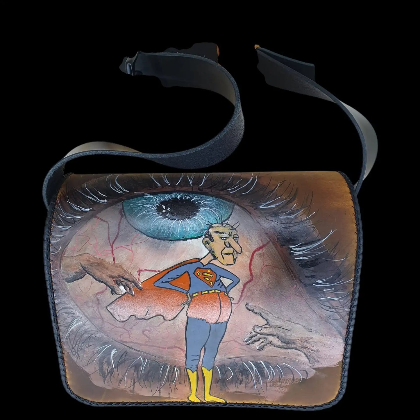 Handmade tan leather bag with a painted eye and reaching hands - AG Design, Arad, Romania
