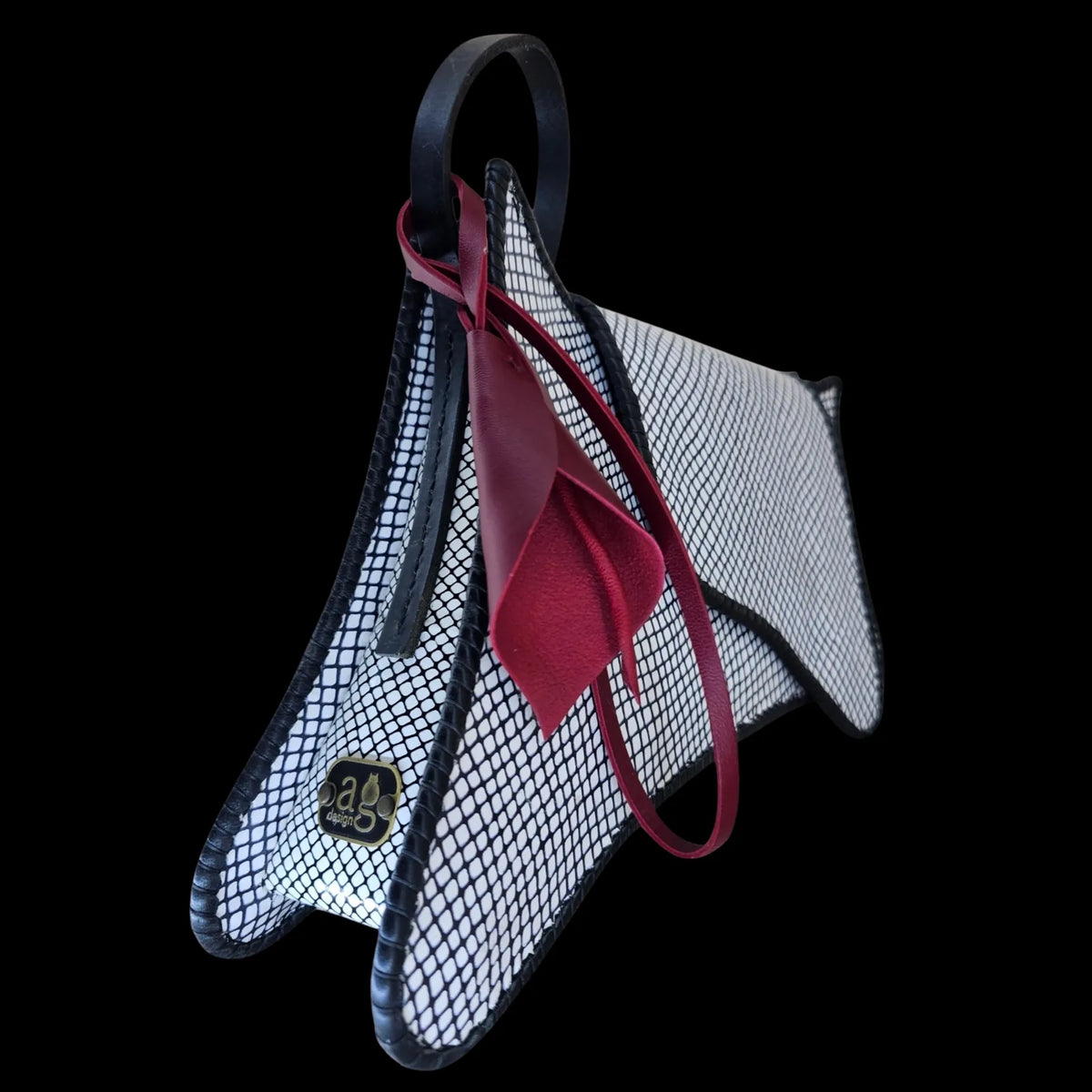 Handmade white leather shoulder bag with black line work and a single hanging burgundy leather flower - AG Design, Arad, Romania