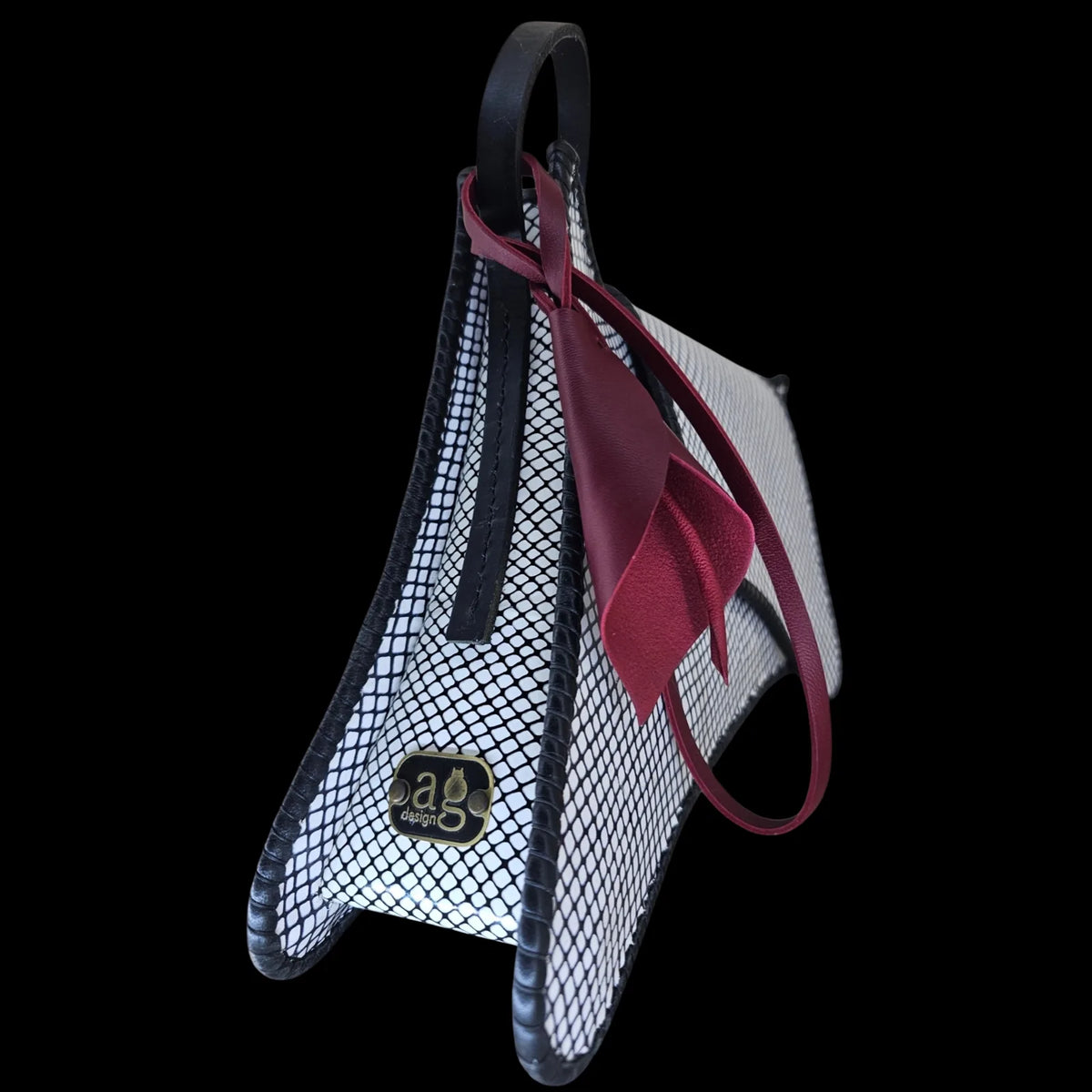 Handmade white leather shoulder bag with black line work and a single hanging burgundy leather flower - AG Design, Arad, Romania