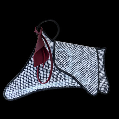 Handmade white leather shoulder bag with black line work and a single hanging burgundy leather flower - AG Design, Arad, Romania