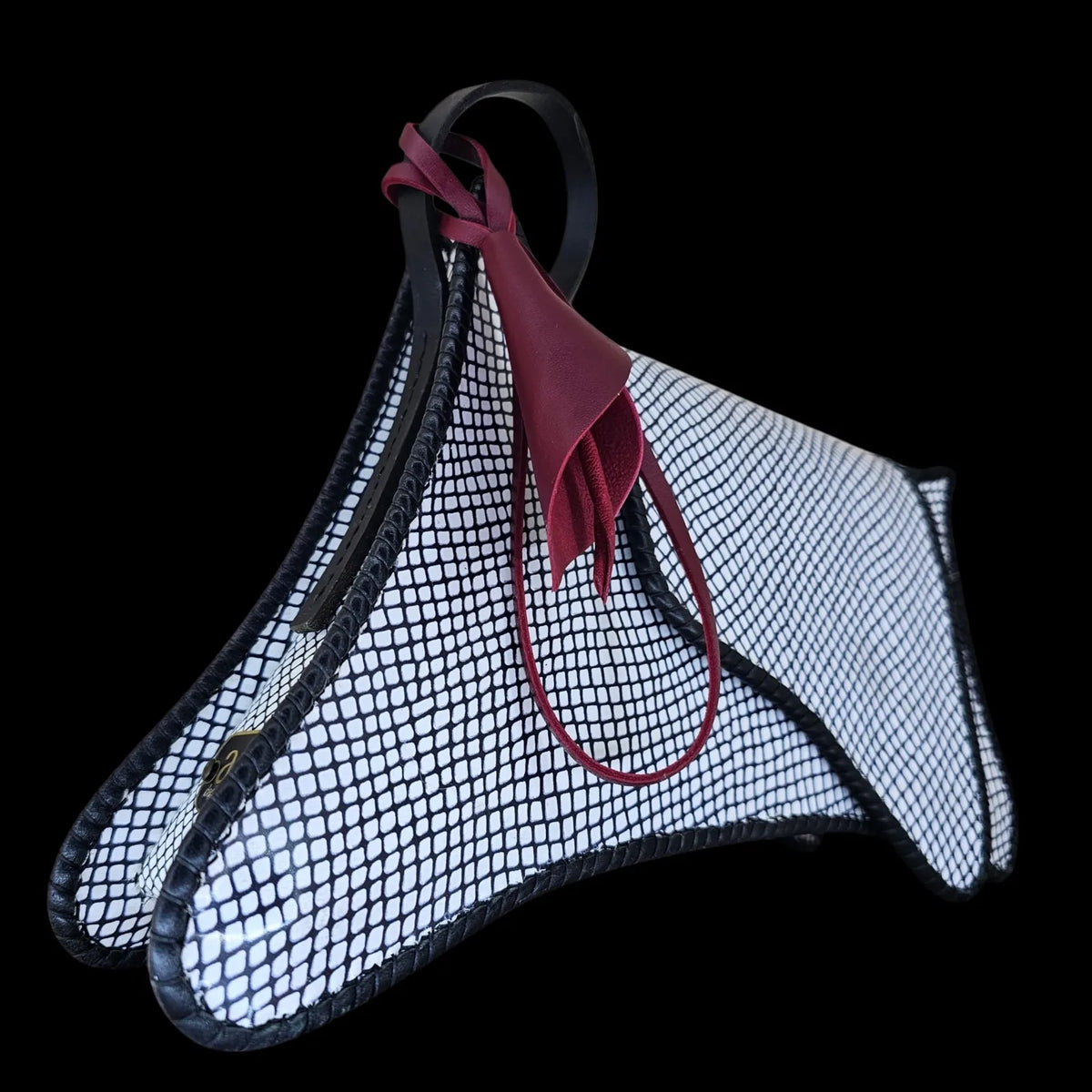 Handmade white leather shoulder bag with black line work and a single hanging burgundy leather flower - AG Design, Arad, Romania