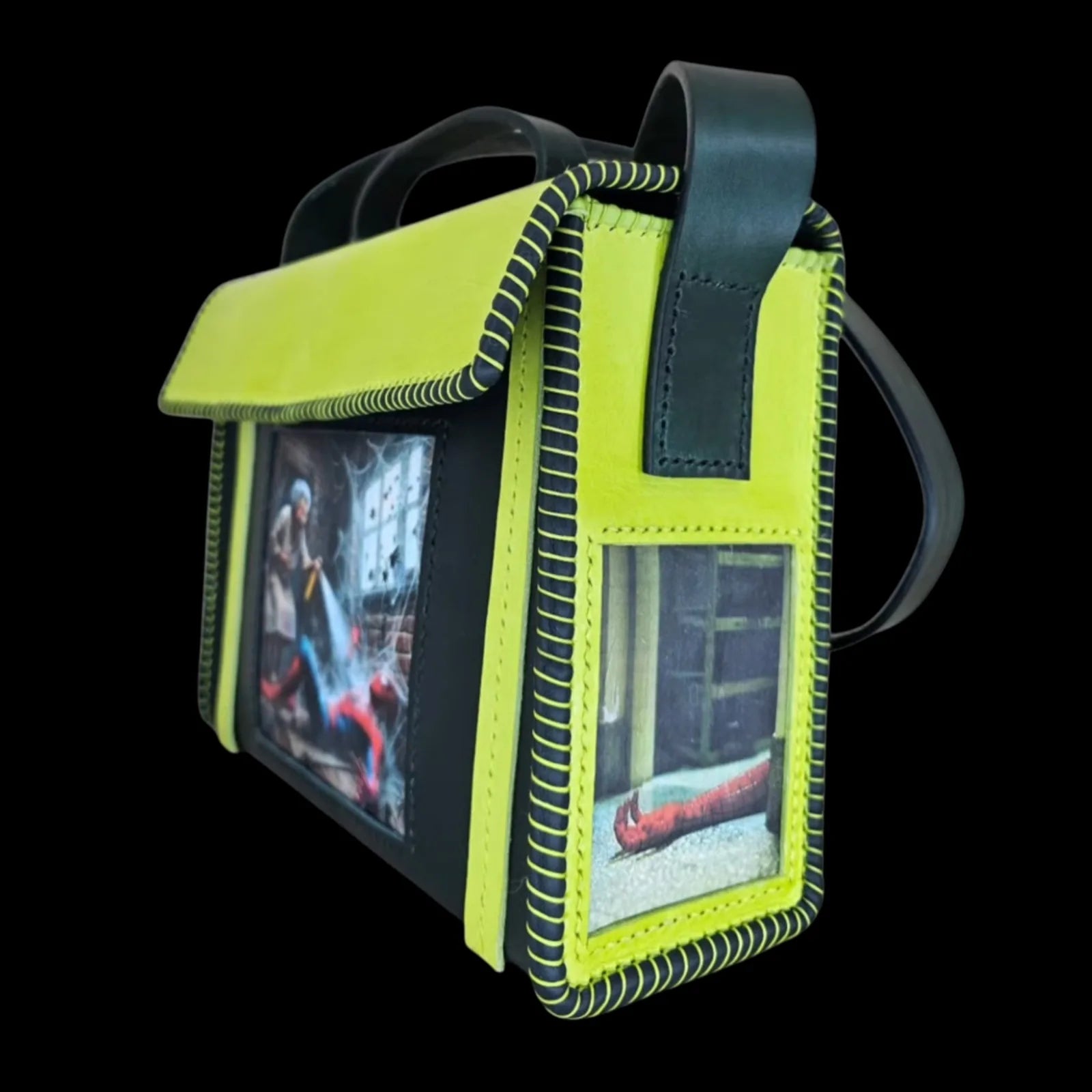 Handmade black leather shoulder bag with black and neon-green leather with a photo-transfer hero design - AG Design, Arad, Romania