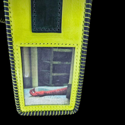 Handmade black leather shoulder bag with black and neon-green leather with a photo-transfer hero design - AG Design, Arad, Romania