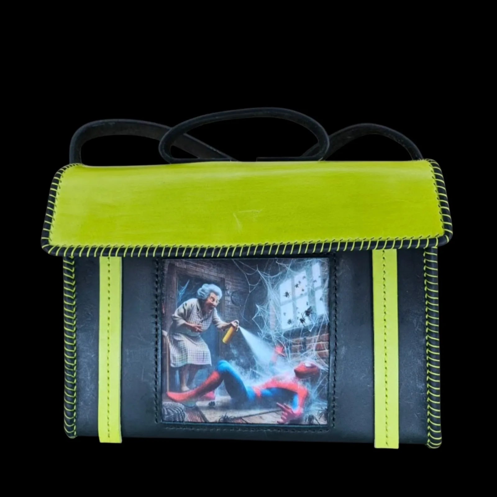 Handmade black leather shoulder bag with black and neon-green leather with a photo-transfer hero design - AG Design, Arad, Romania