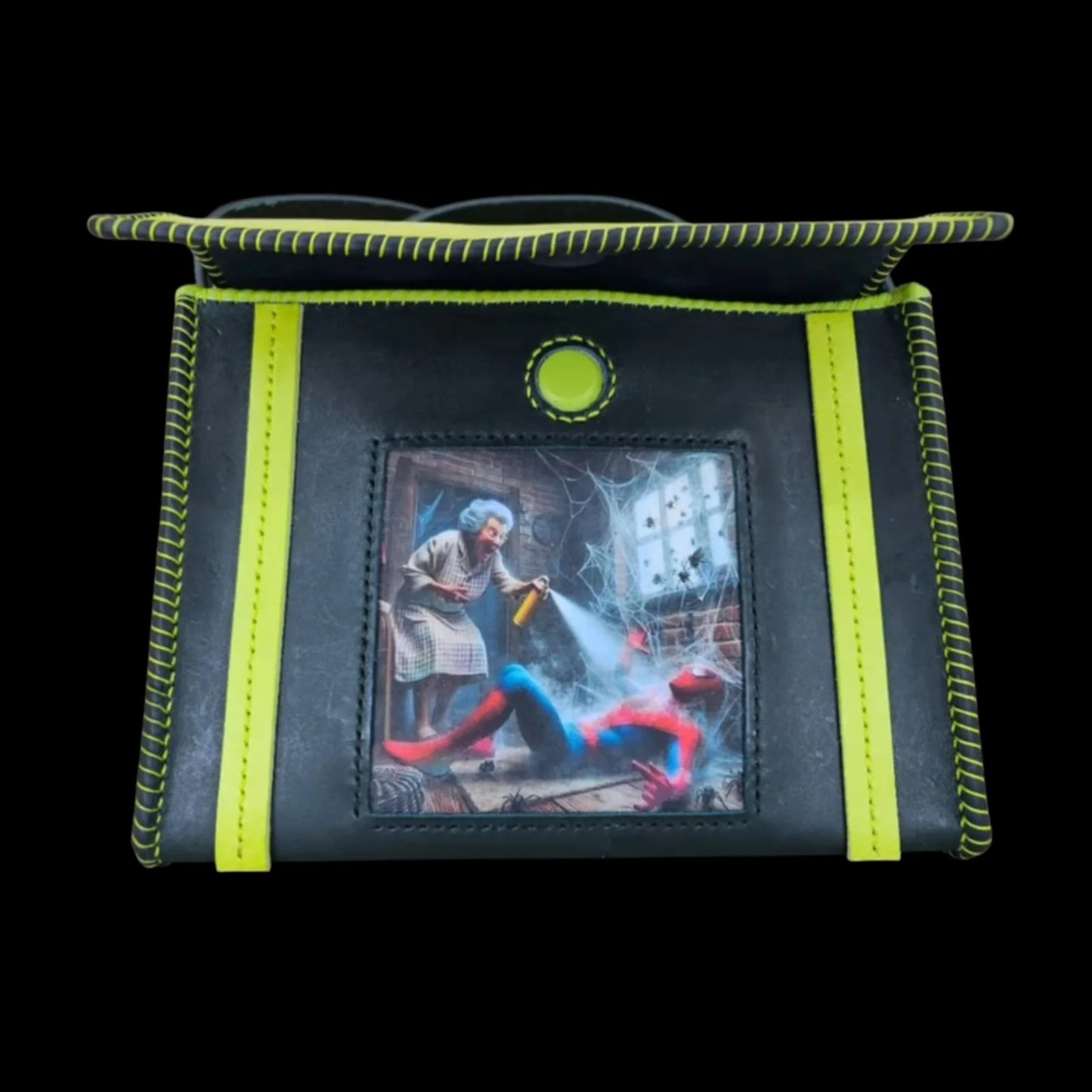 Handmade black leather shoulder bag with black and neon-green leather with a photo-transfer hero design - AG Design, Arad, Romania