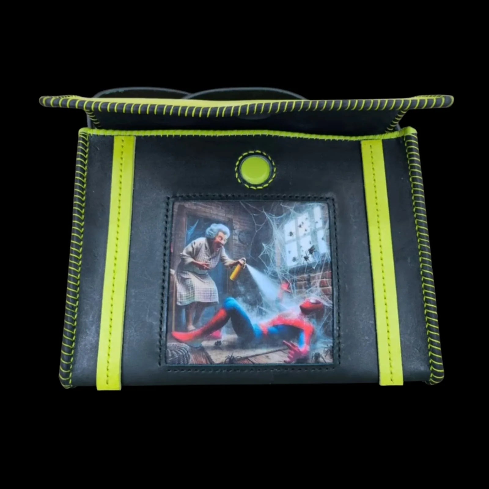 Handmade black leather shoulder bag with black and neon-green leather with a photo-transfer hero design - AG Design, Arad, Romania