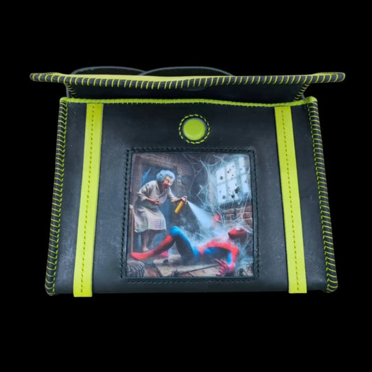 Handmade black leather shoulder bag with black and neon-green leather with a photo-transfer hero design - AG Design, Arad, Romania