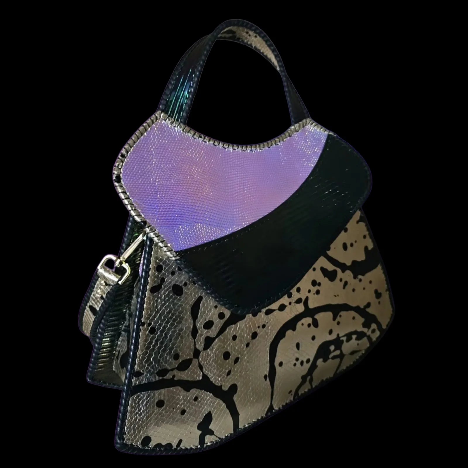 Handmade metallic leather handbag with a fluid metallic body and a holographic flap - AG Design, Arad, Romania