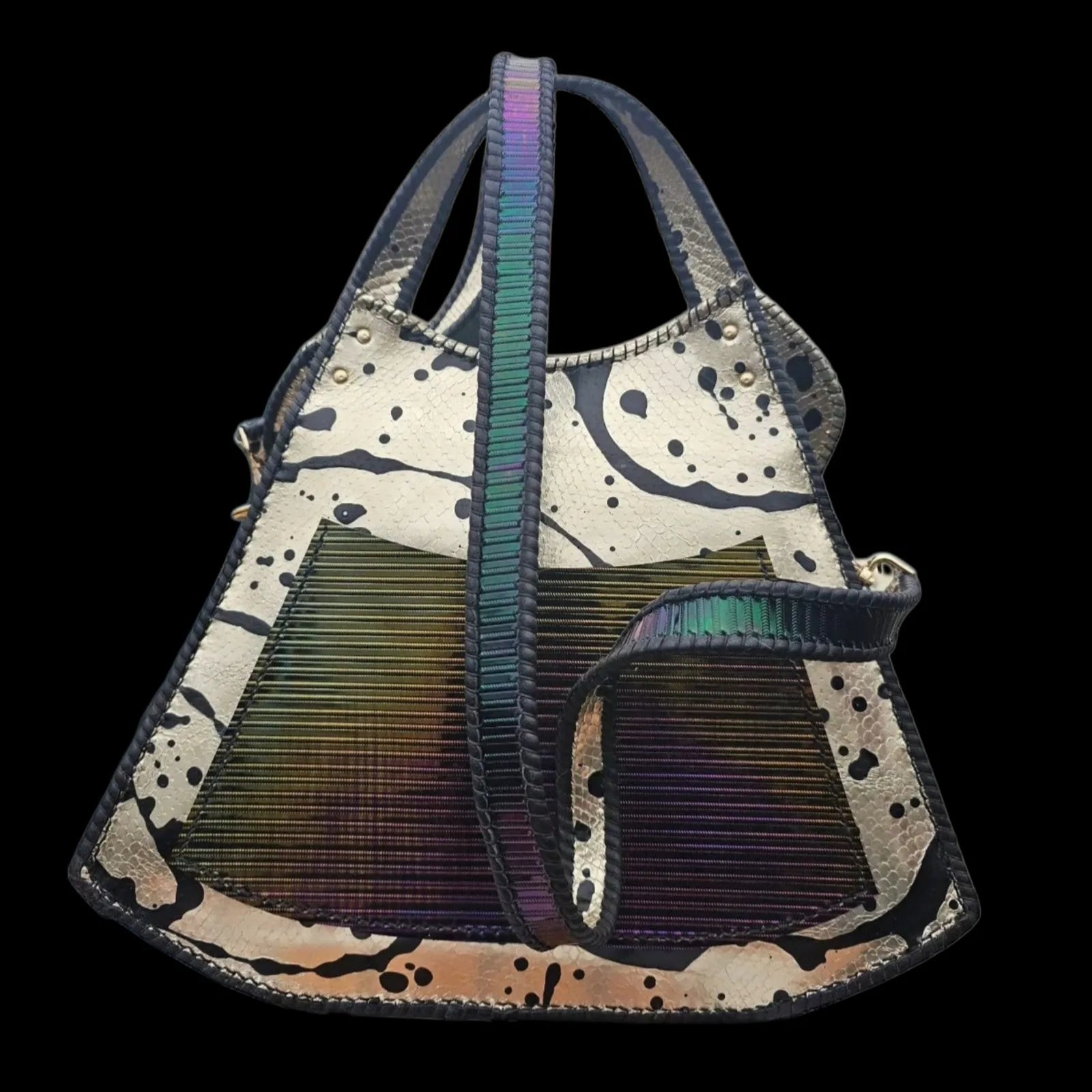 Handmade metallic leather handbag with a fluid metallic body and a holographic flap - AG Design, Arad, Romania