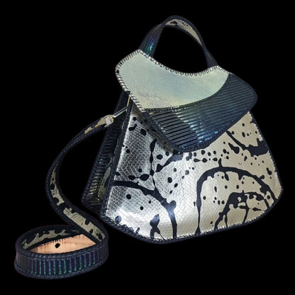 Handmade metallic leather handbag with a fluid metallic body and a holographic flap - AG Design, Arad, Romania