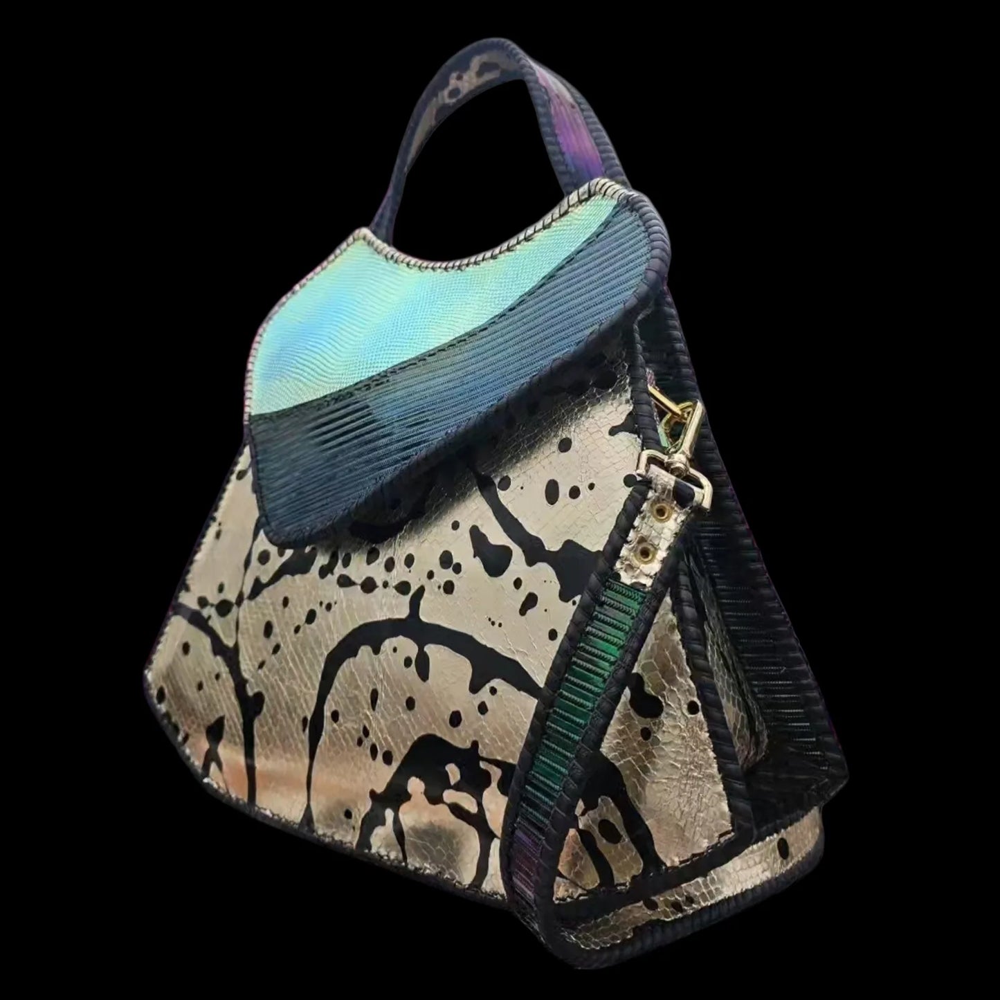 Handmade metallic leather handbag with a fluid metallic body and a holographic flap - AG Design, Arad, Romania