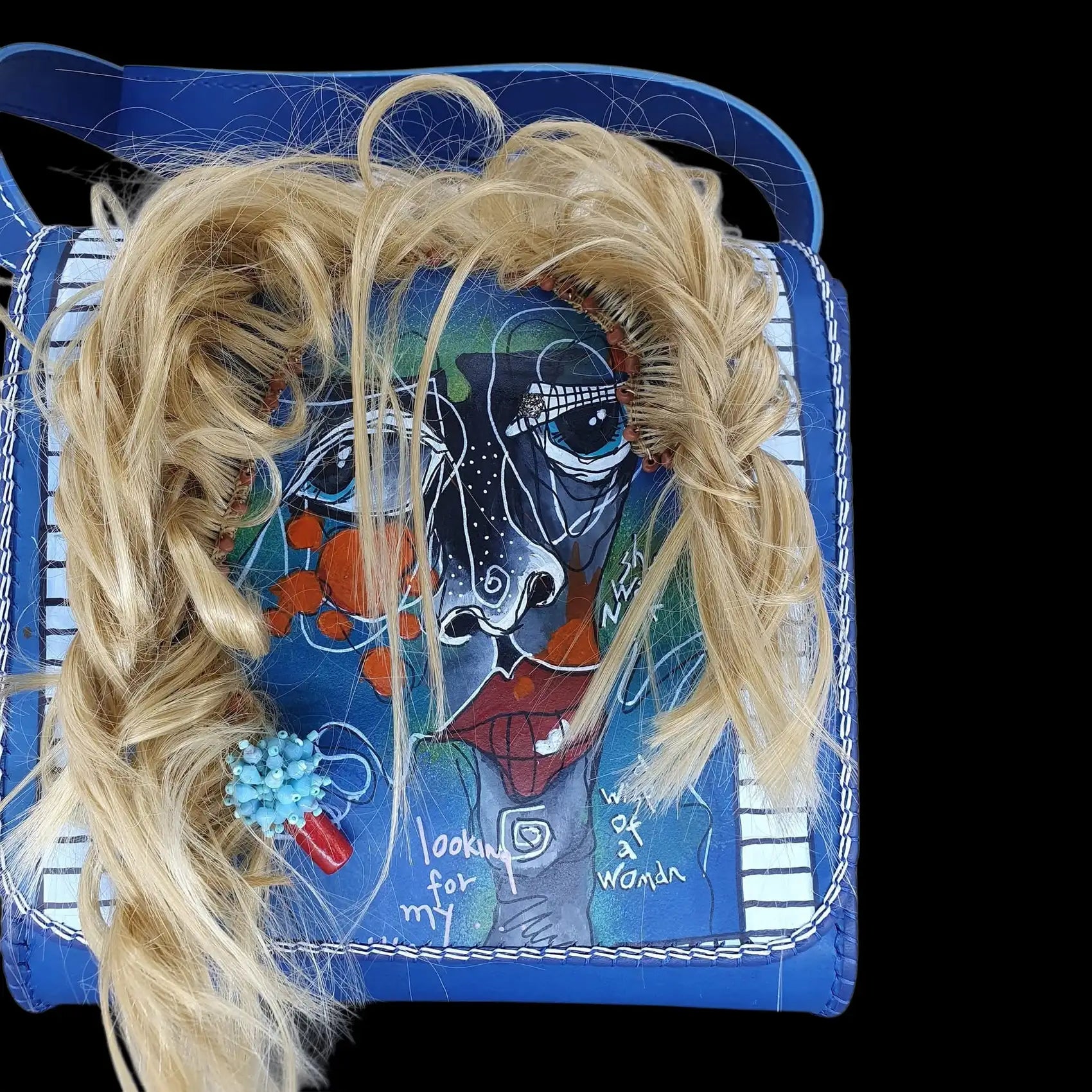 Handmade blue leather bag with a painted skull and horse - AG Design, Arad, Romania