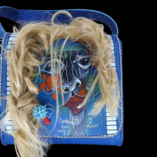 Handmade blue leather bag with a painted skull and horse - AG Design, Arad, Romania